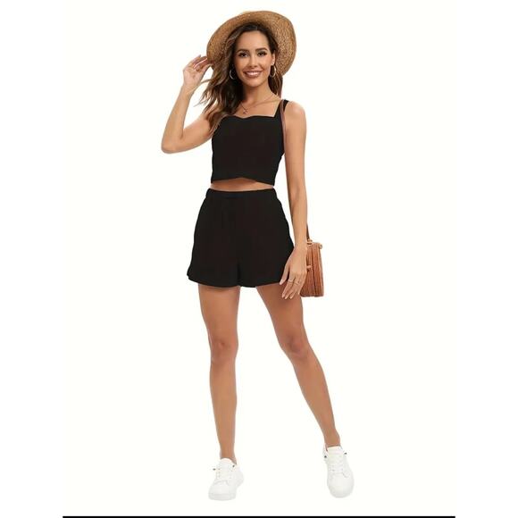 Womens - NWT - Two Piece Linen Blend Set Black Tank Top & Drawstring Shorts Sz S - Picture 5 of 9